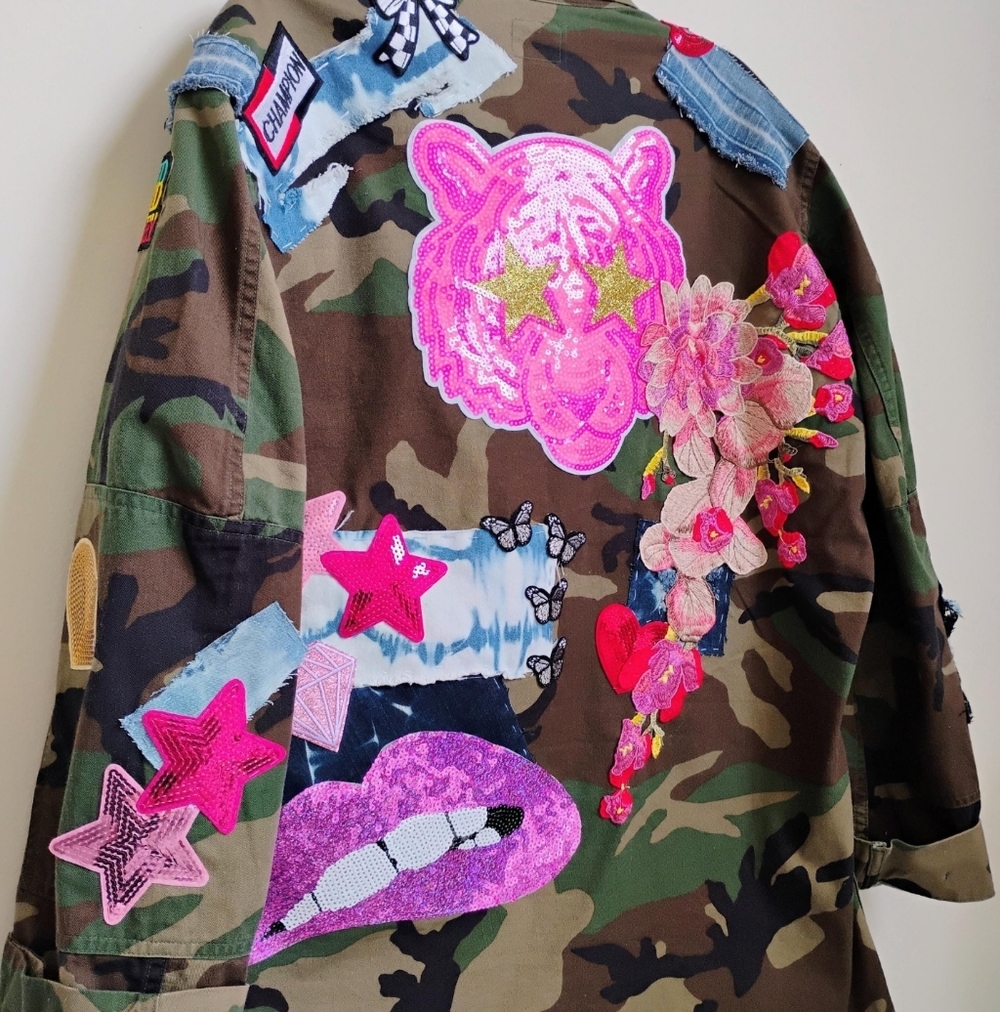 Ladies Large Long Fitted Camo With Patchwork Utility Jacket. Ships In 1 Day. - Picture 6 of 8